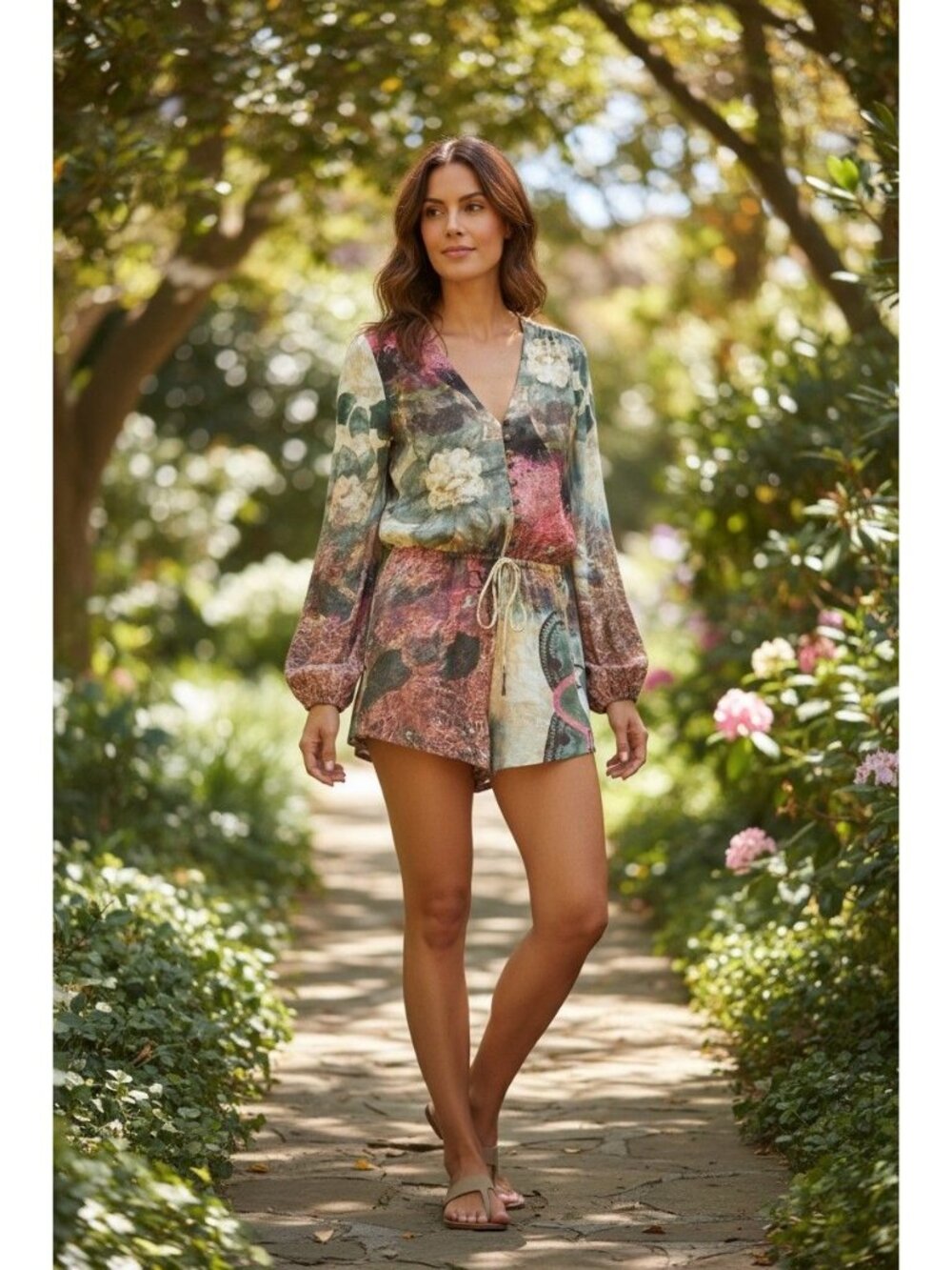 FYI, long sleeve Water Color Floral Romper pink green brown size 38